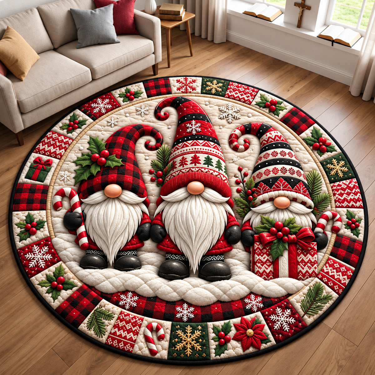 Cozy Christmas Gnome Trio Quilted Round Mat GFTOHNL4466