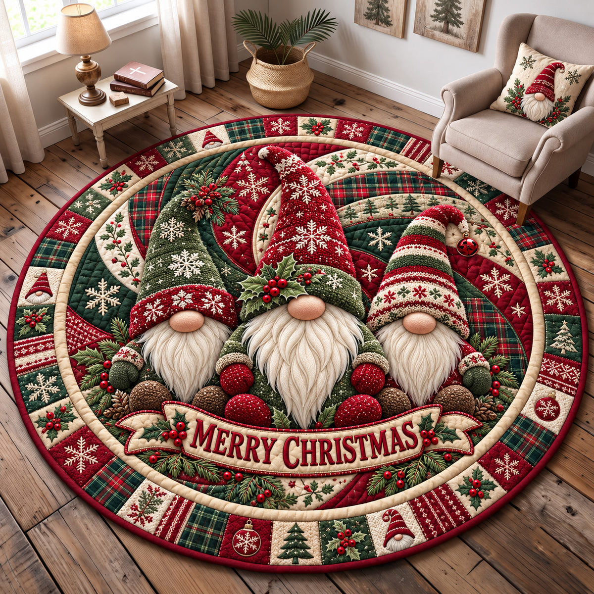 Merry Christmas Gnome Family Quilted Round Mat GFTOHNL4467