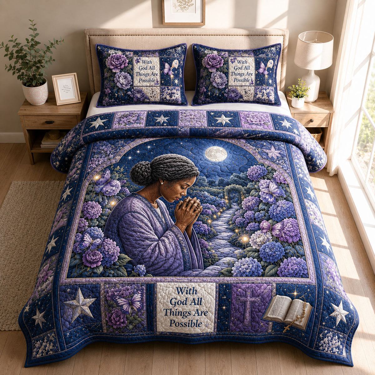 Moonlit Faith Garden 3-Piece Quilted Bedding Set GFTOHNL447