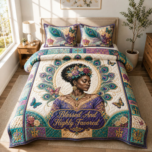 Highly Favored Peacock Grace 3-Piece Quilted Bedding Set GFTOHNL449