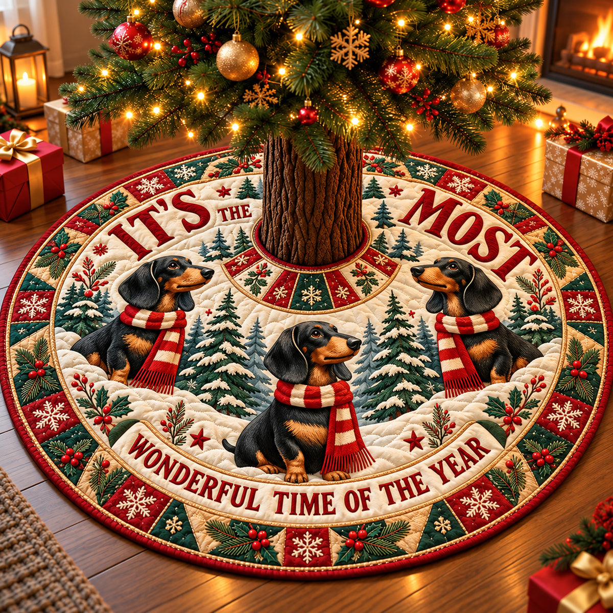 Most Wonderful Dachshund Christmas Quilted Tree Skirt GFTOHNL4545