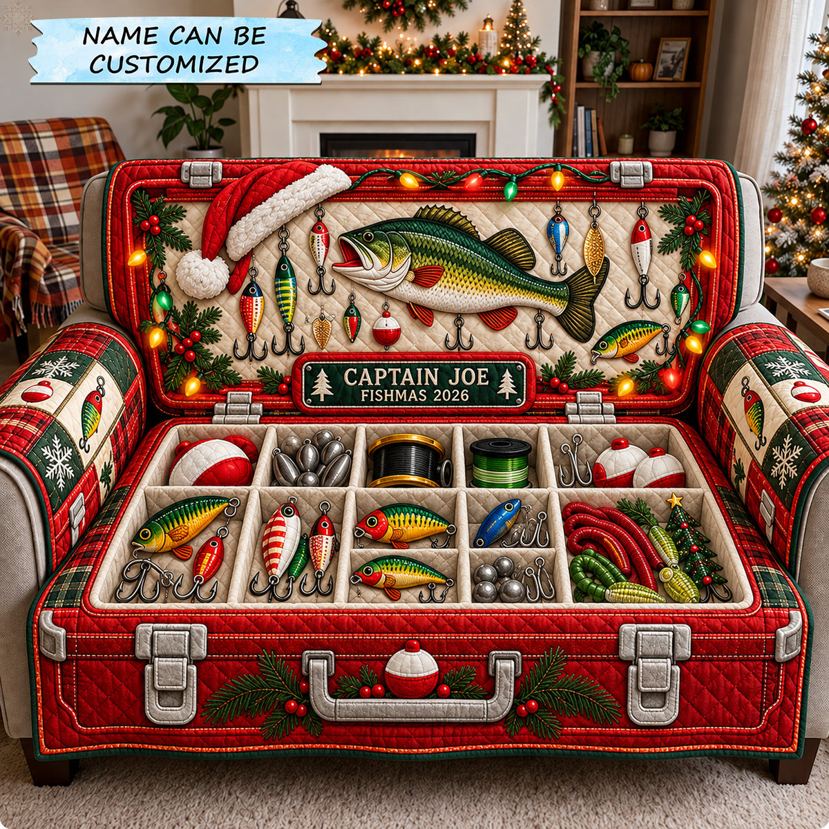 Christmas Fishing Tackle Box Quilted Sofa Cover QTCUZ GFTOHNL4554