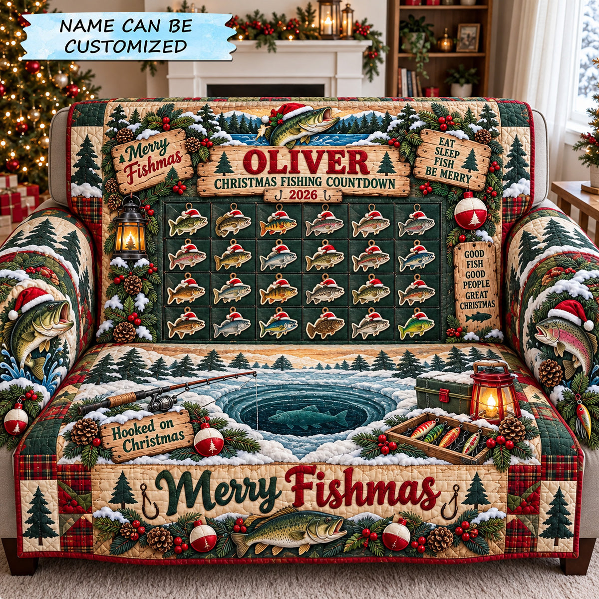 Christmas Fishing Countdown Quilted Sofa Cover QTCUZ GFTOHNL4557