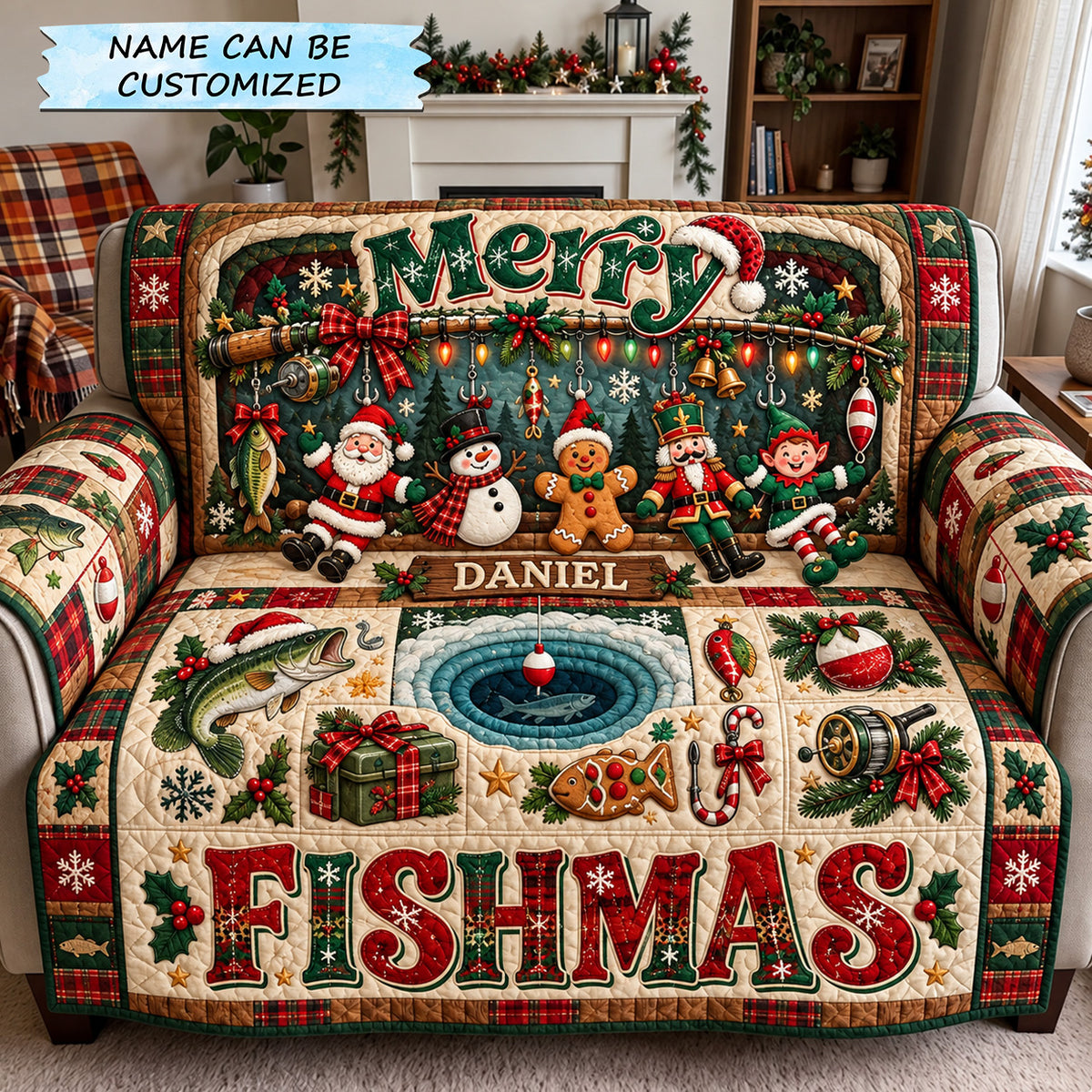 Merry Fishmas Fishing Crew Quilted Sofa Cover QTCUZ GFTOHNL4558