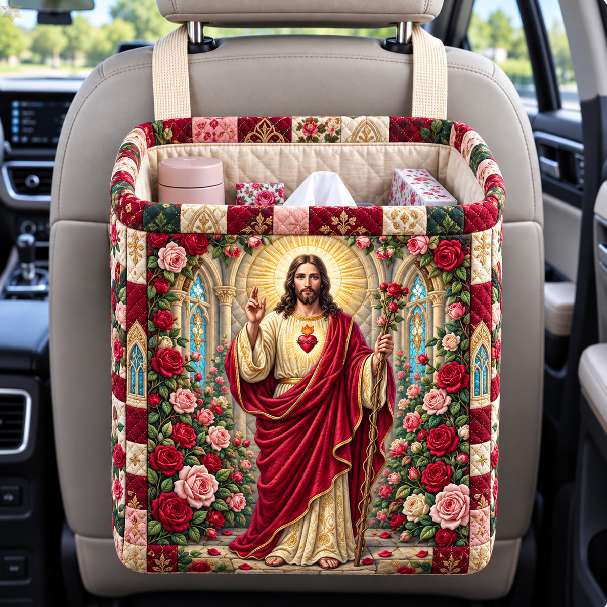 Sacred Heart Jesus Roses Quilted Car Basket GFTOHNL4601