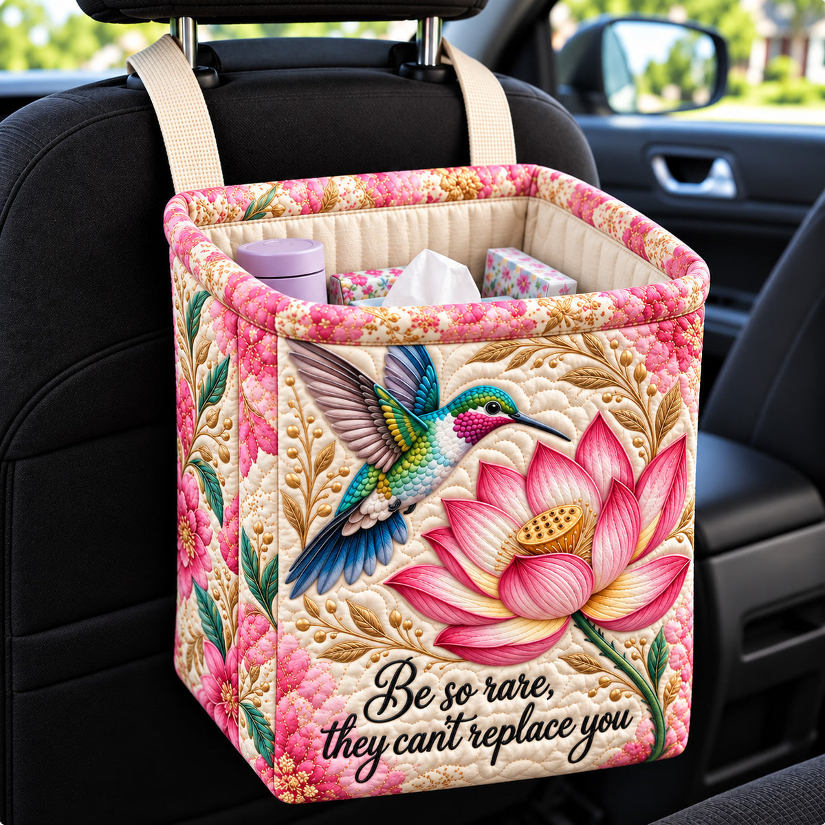 Hummingbird Pink Lotus Quilted Car Basket GFTOHNL4644