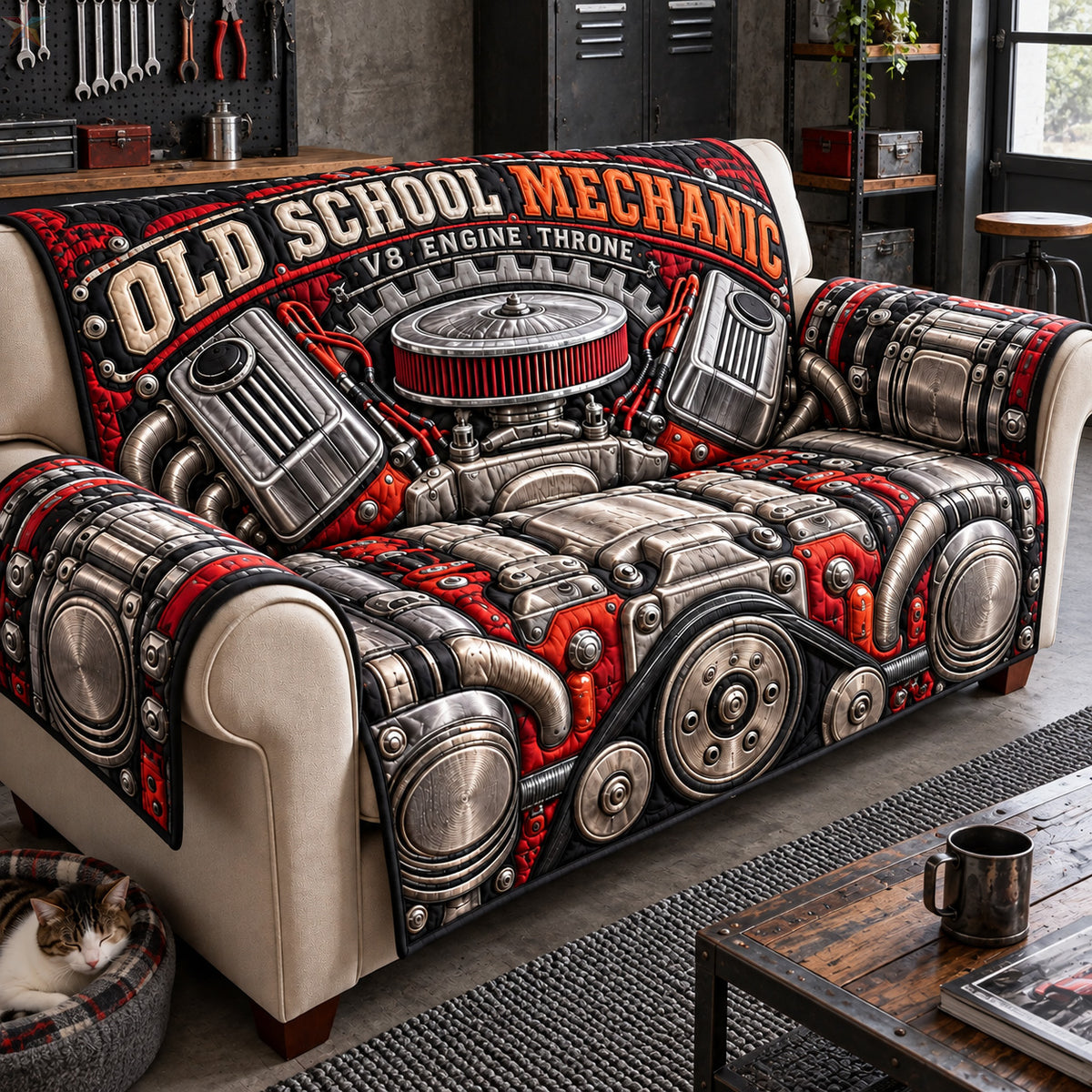 Old School V8 Mechanic Quilted Sofa Cover GFTOHNL4650
