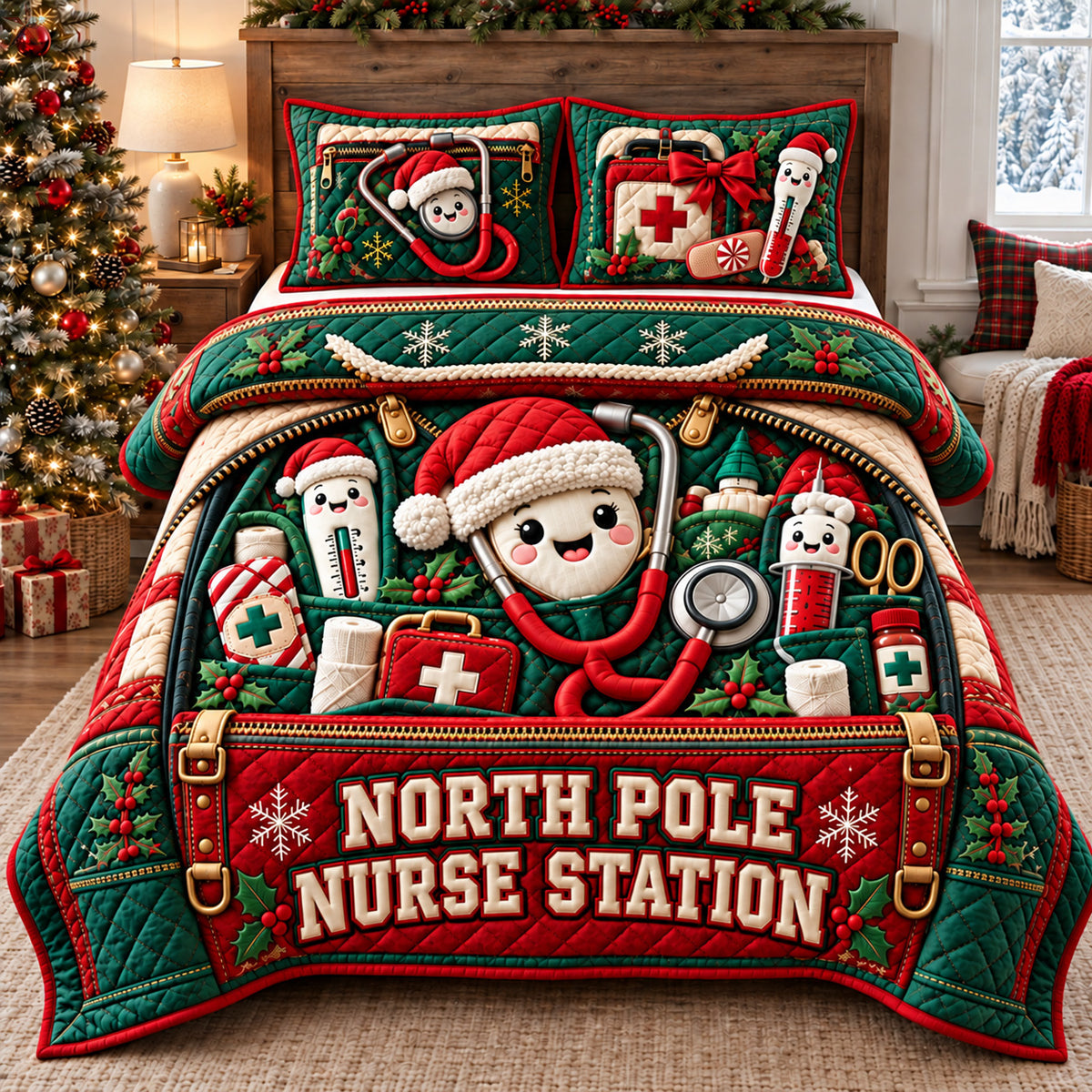 North Pole Nurse Station 3-Piece Quilted Bedding Set GFTOHNL4657