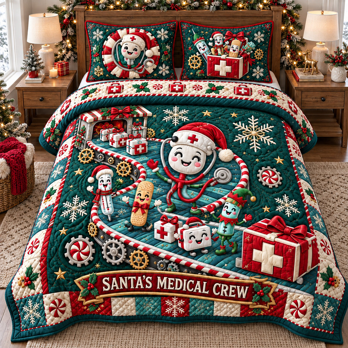 Santa Christmas Medical Crew 3-Piece Quilted Bedding Set GFTOHNL4660