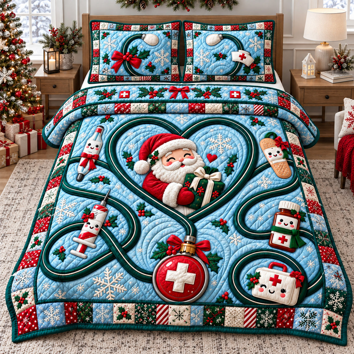 Santa Heartbeat Christmas 3-Piece Quilted Bedding Set GFTOHNL4662