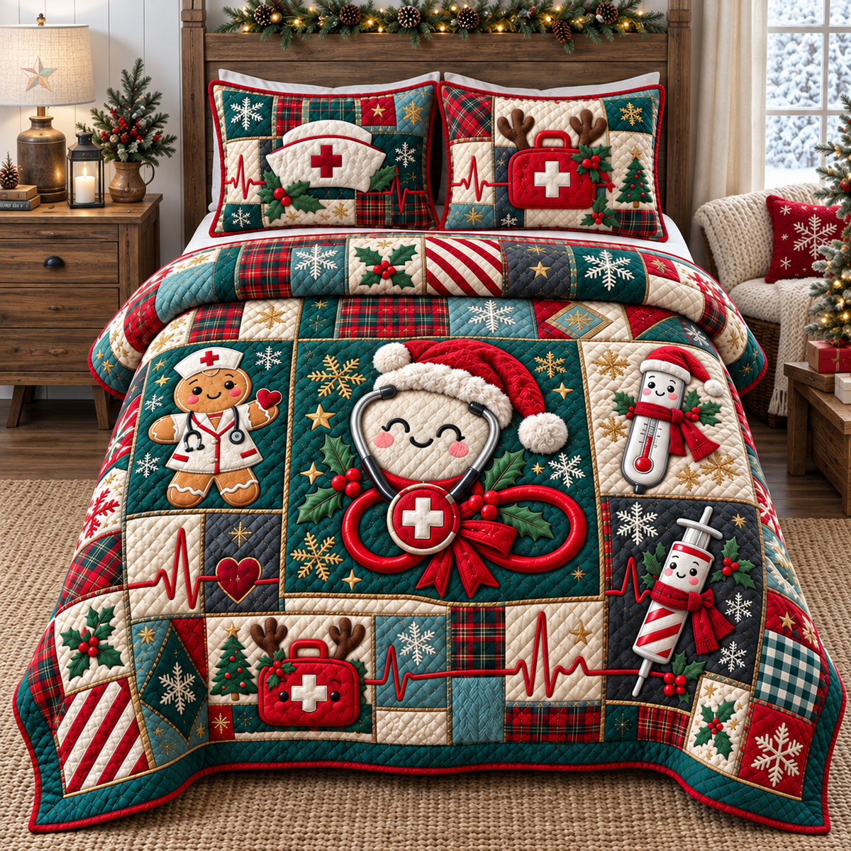 Christmas Nurse Patchwork 3-Piece Quilted Bedding Set GFTOHNL4663