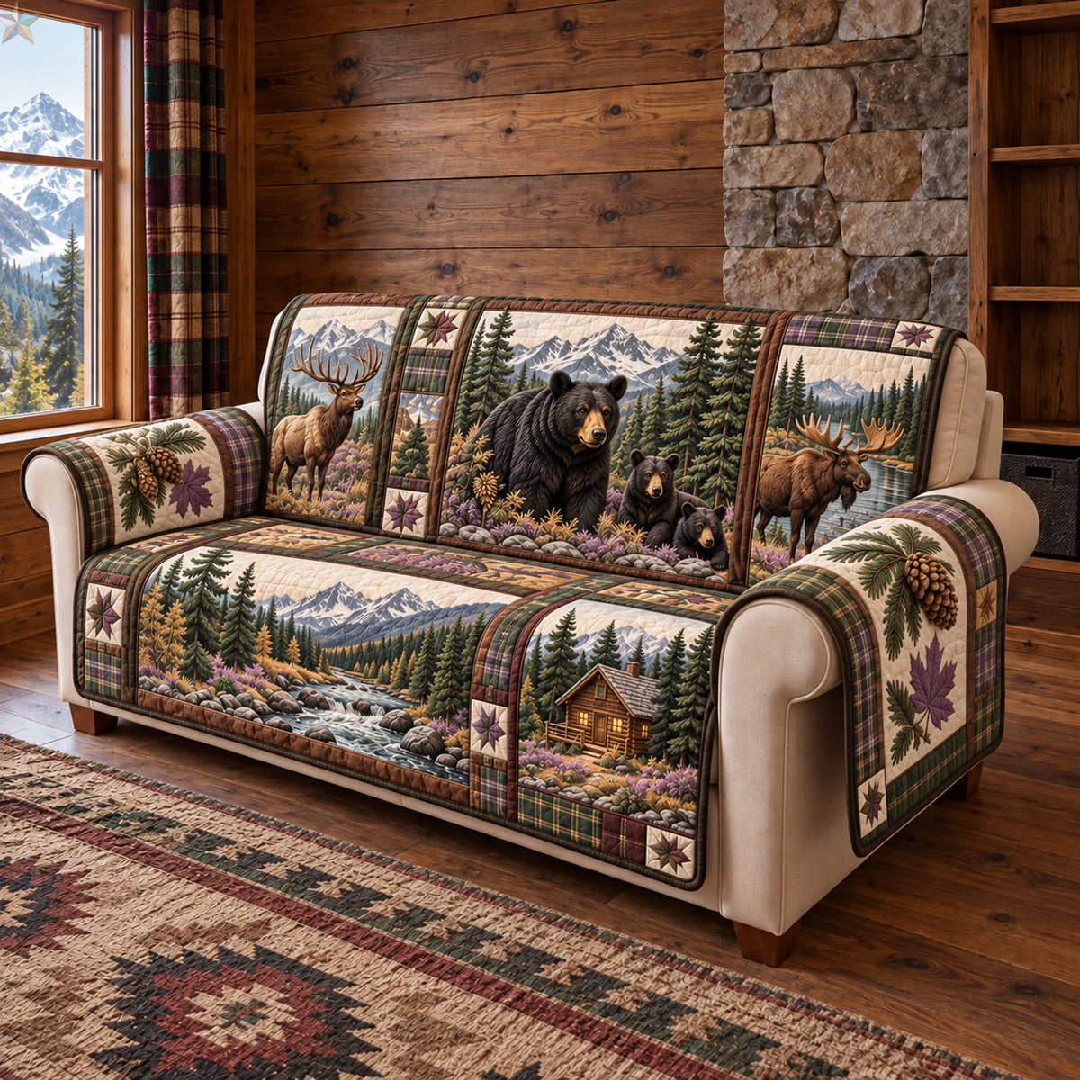 Mountain Wildlife Bear And Moose Quilted Sofa Cover GFTOHNL4664