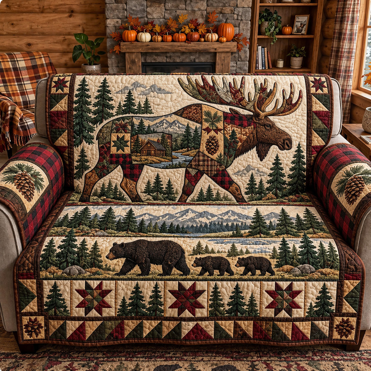 Rustic Moose And Bear Forest Quilted Sofa Cover GFTOHNL4665