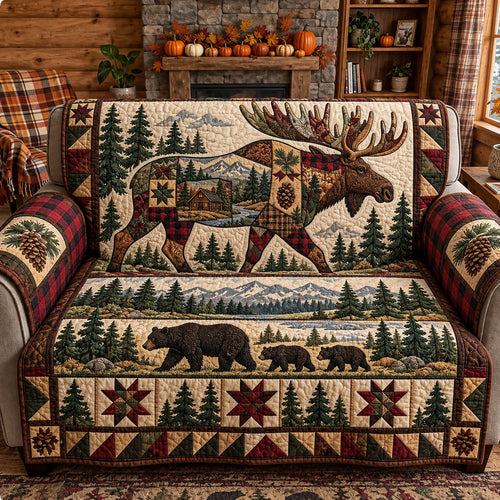 Rustic Moose And Bear Forest Quilted Sofa Cover GFTOHNL4665