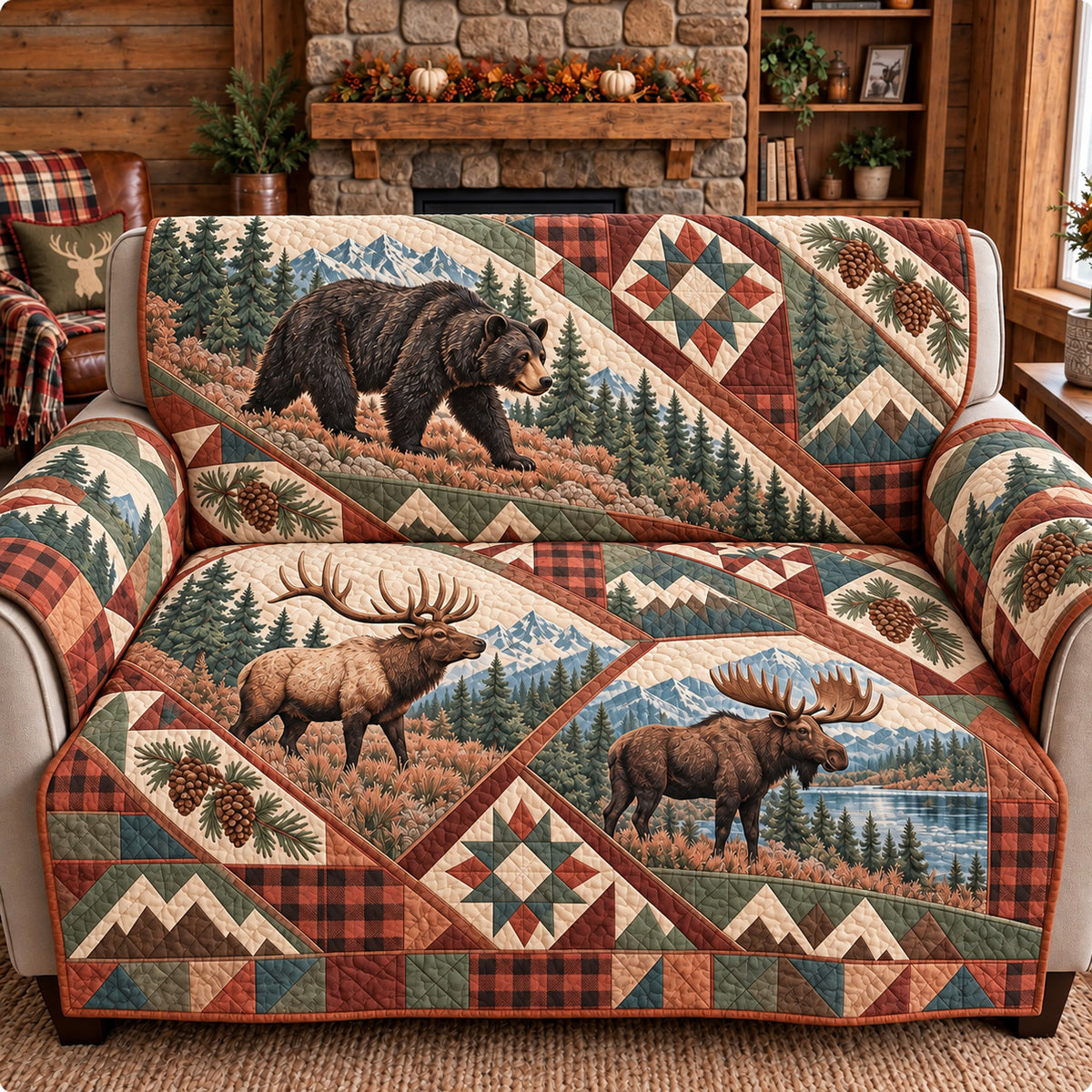 Woodland Bear Moose And Elk Quilted Sofa Cover GFTOHNL4666