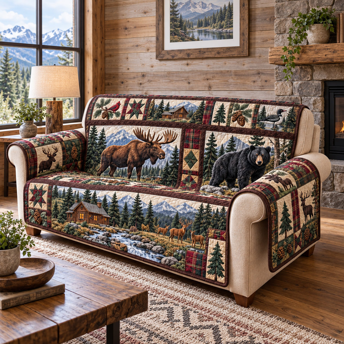 Mountain Lodge Wildlife Quilted Sofa Cover GFTOHNL4668