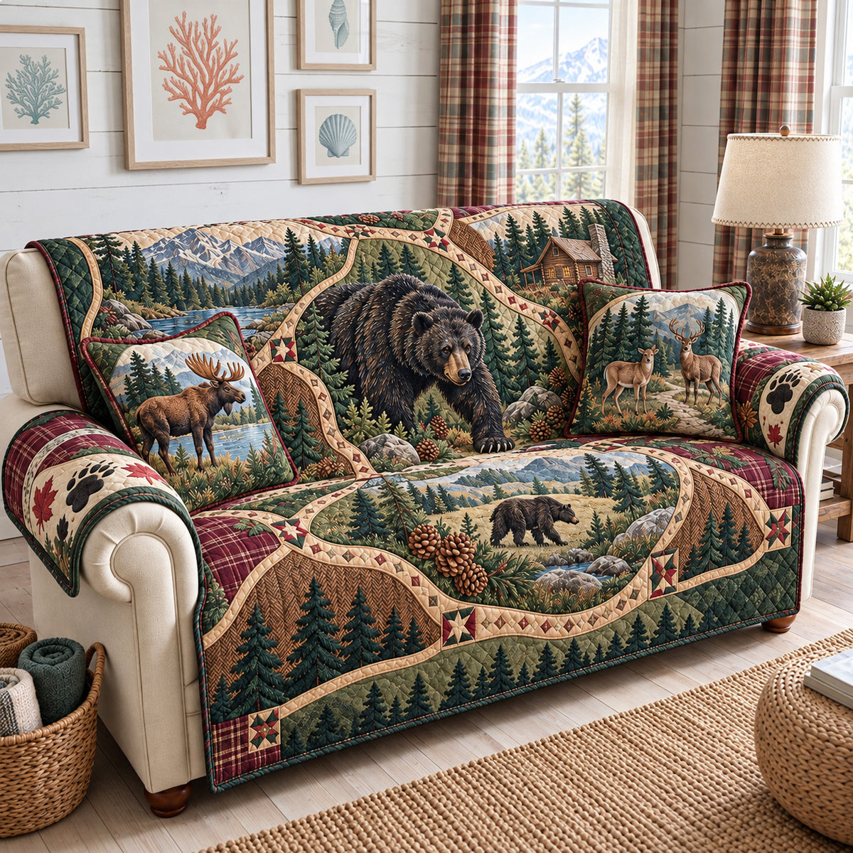 Rustic Forest Bear And Deer Quilted Sofa Cover GFTOHNL4669