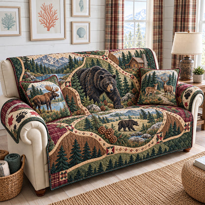 Rustic Forest Bear And Deer Quilted Sofa Cover GFTOHNL4669
