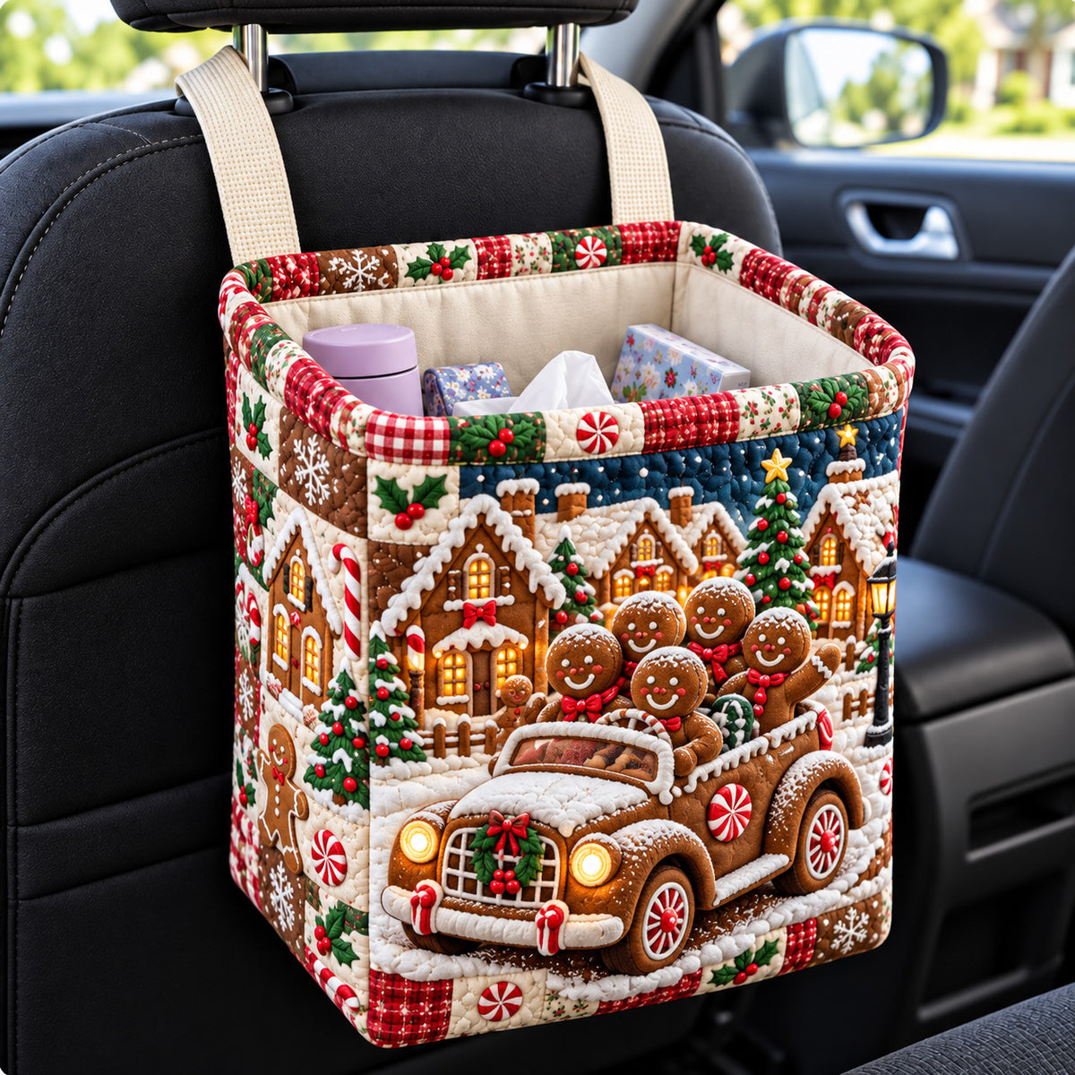 Gingerbread Christmas Village Quilted Car Basket GFTOHNL4693
