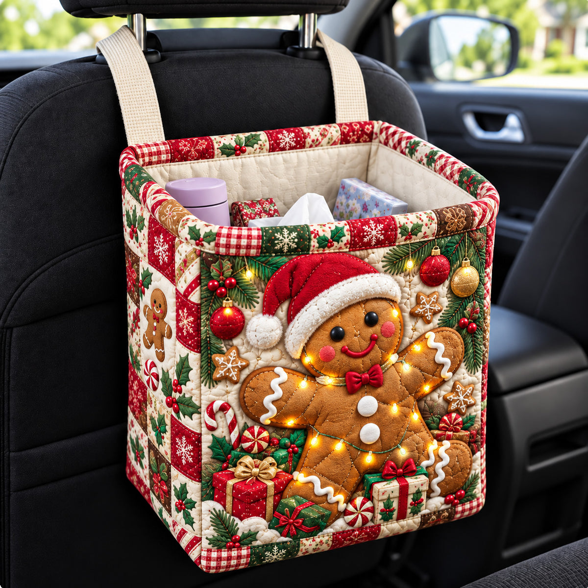 Gingerbread Christmas Lights Quilted Car Basket GFTOHNL4697