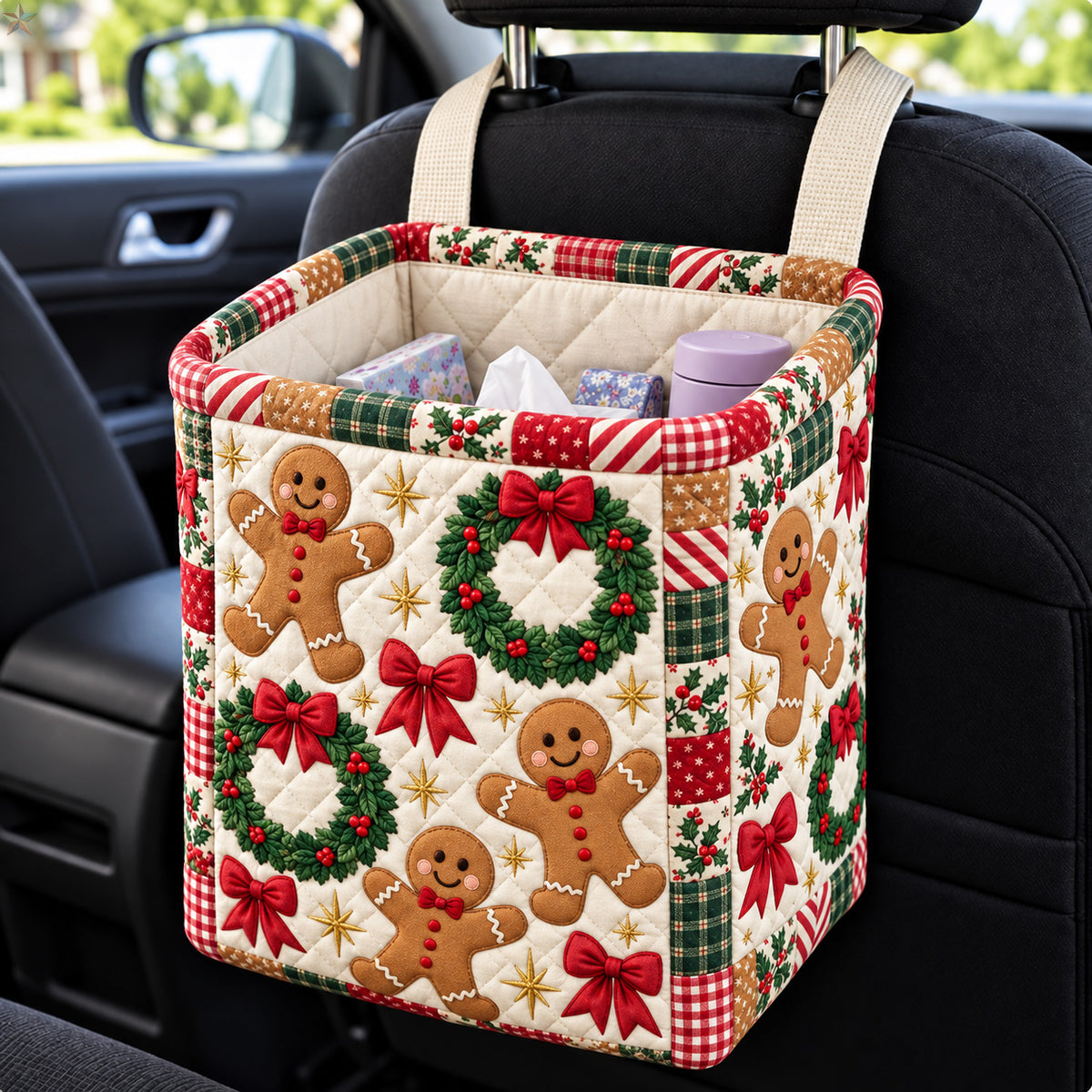 Gingerbread Christmas Wreath Quilted Car Basket GFTOHNL4698