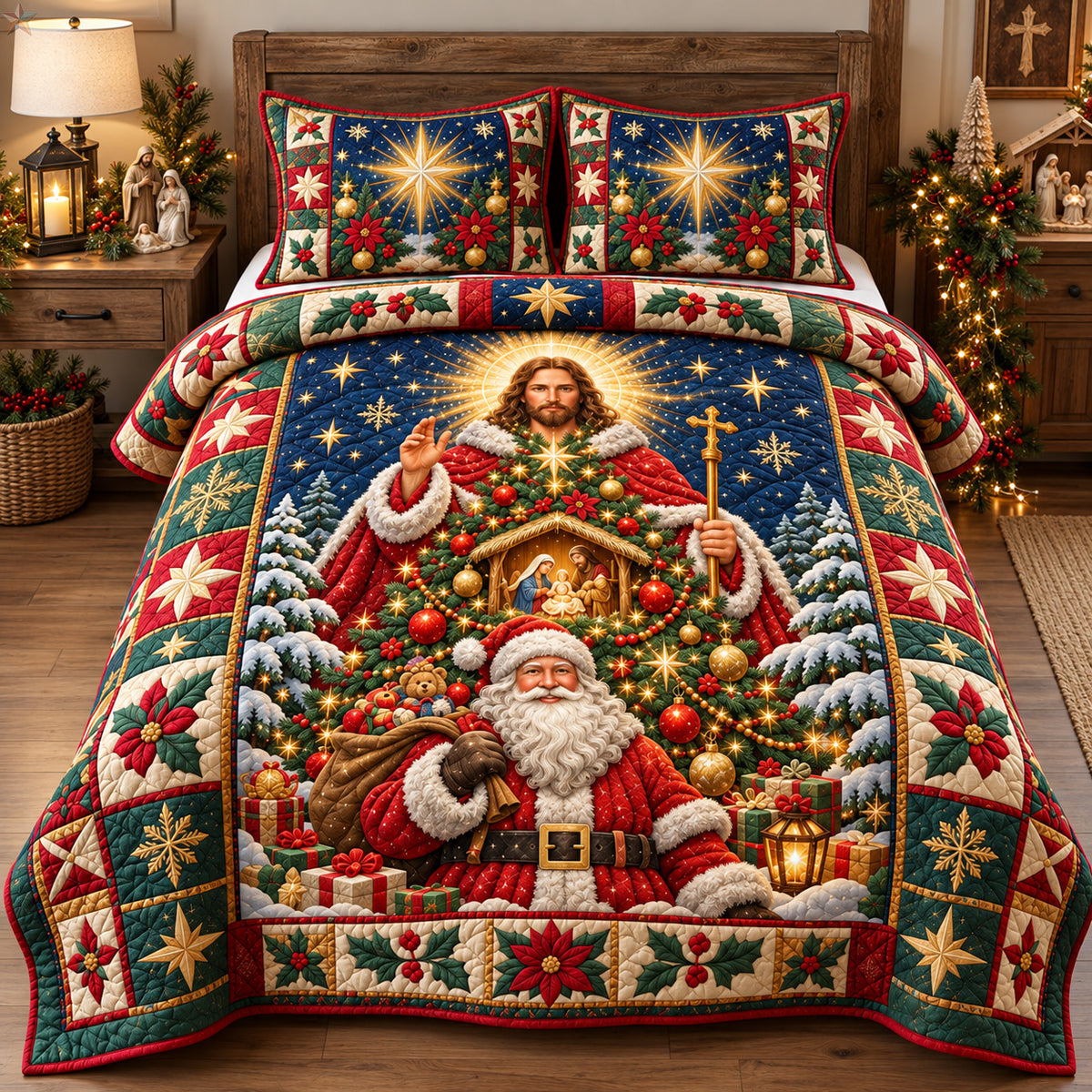 Jesus Santa Christmas 3-Piece Quilted Bedding Set GFTOHNL4699
