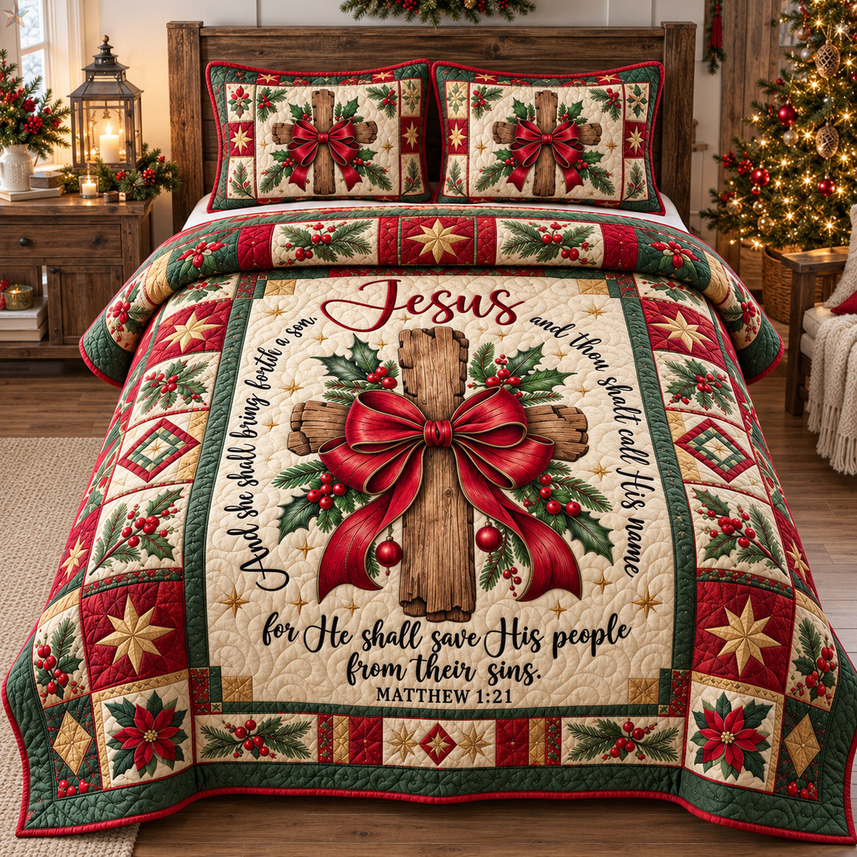 Jesus Christmas Cross 3-Piece Quilted Bedding Set GFTOHNL4705
