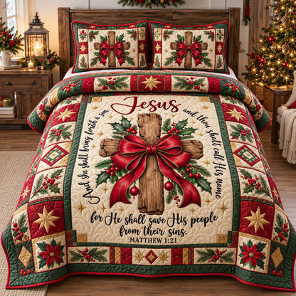 Jesus Christmas Cross 3-Piece Quilted Bedding Set GFTOHNL4705