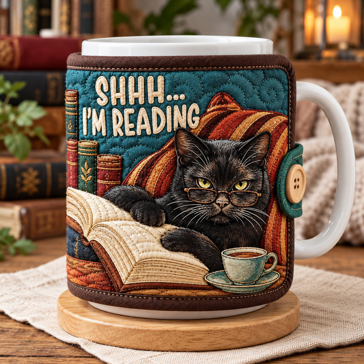 Shhh Im Reading Cat Quilted Mug Cozy GFTOHNL4731