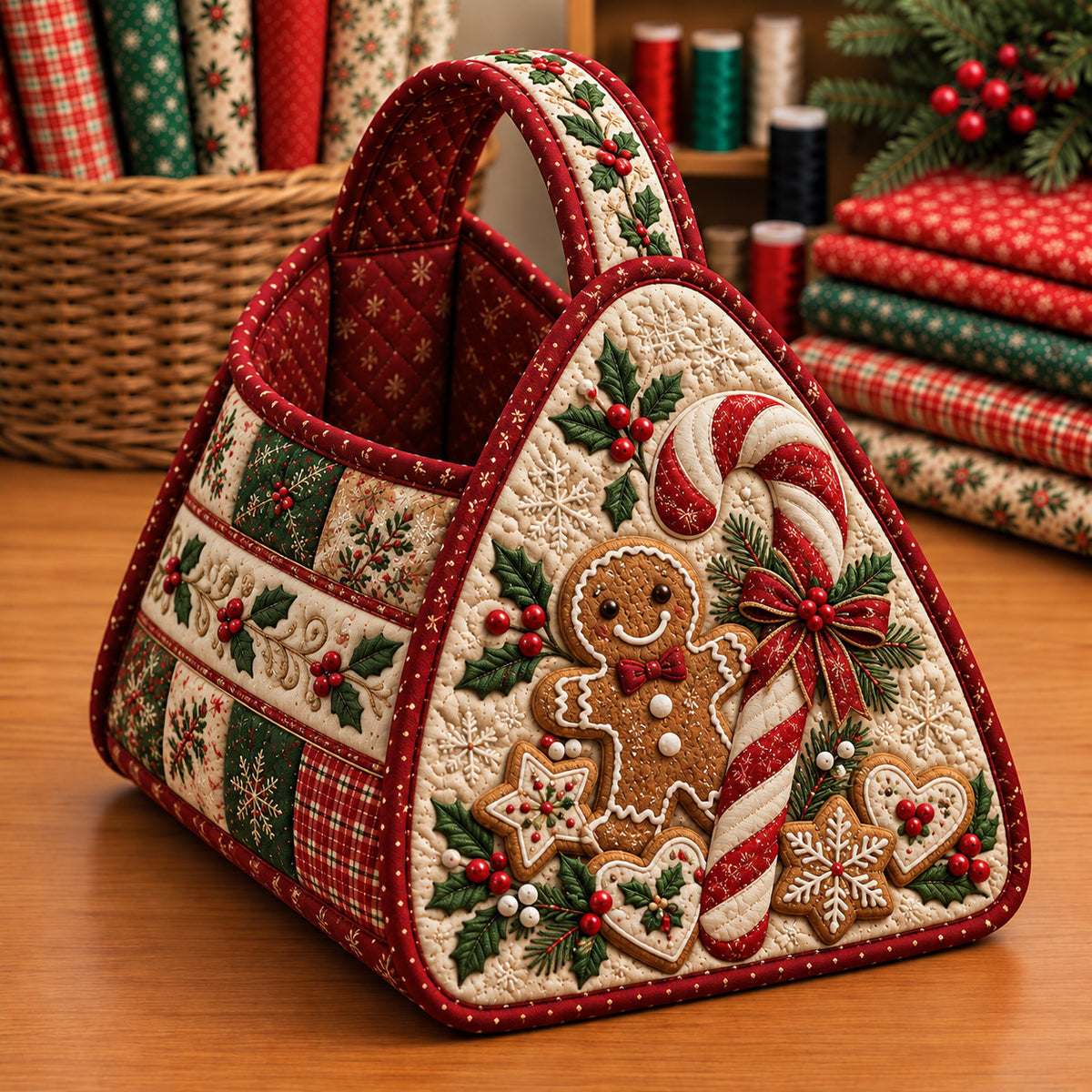Vintage Gingerbread Candy Cane Christmas Quilted Basket GFTOHNL4736