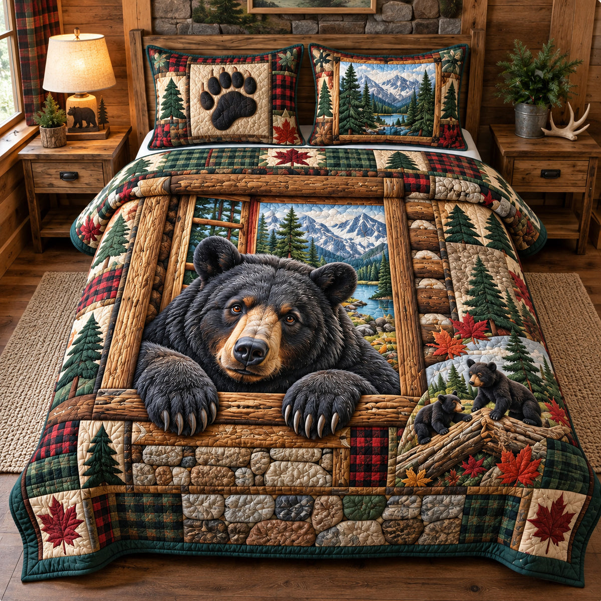 Black Bear Cabin 3-Piece Quilted Bedding Set GFTOHNL4746