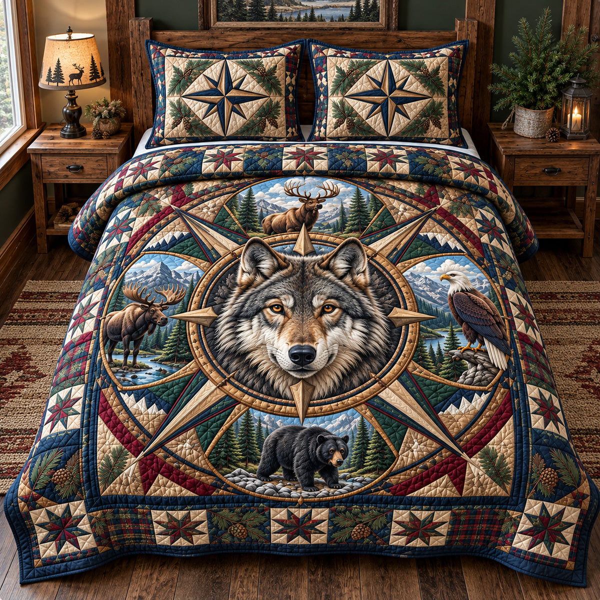 Woodland Wolf Compass 3-Piece Quilted Bedding Set GFTOHNL4748