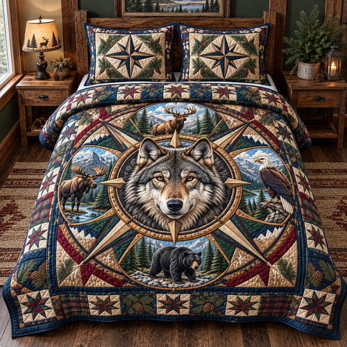 Woodland Wolf Compass 3-Piece Quilted Bedding Set GFTOHNL4748
