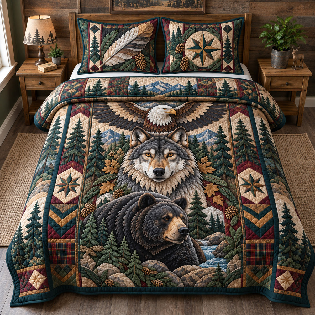 Wolf Bear And Eagle 3-Piece Quilted Bedding Set GFTOHNL4750