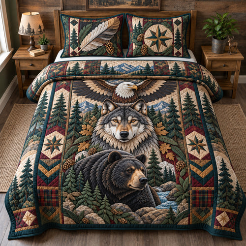 Wolf Bear And Eagle 3-Piece Quilted Bedding Set GFTOHNL4750