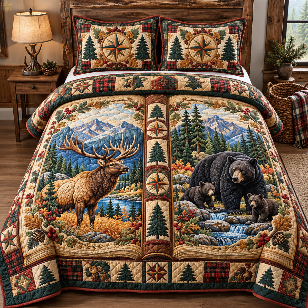 Elk And Bear Forest 3-Piece Quilted Bedding Set GFTOHNL4751