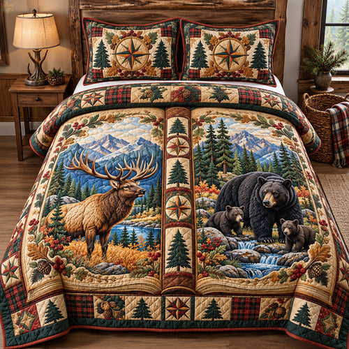 Elk And Bear Forest 3-Piece Quilted Bedding Set GFTOHNL4751