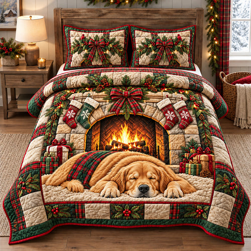 Cozy Christmas Golden Retriever 3-Piece Quilted Bedding Set GFTOHNL4752