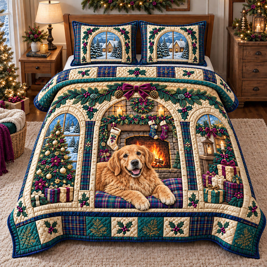 Winter Fireplace Golden Retriever 3-Piece Quilted Bedding Set GFTOHNL4753