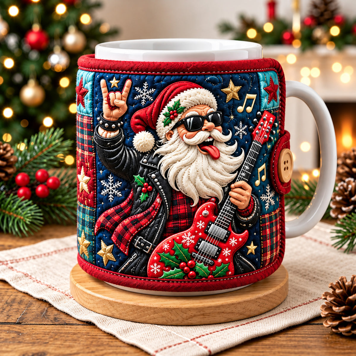 Rock And Roll Santa Quilted Mug Cozy GFTOHNL4789