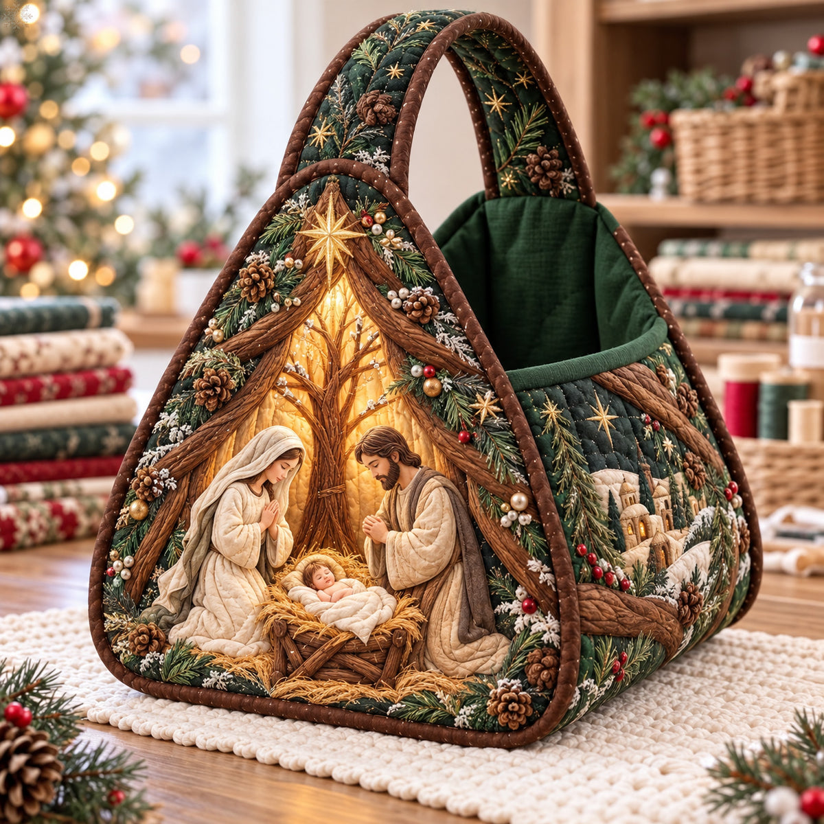 Rustic Woodland Nativity Christmas Quilted Basket GFTOHNL4797