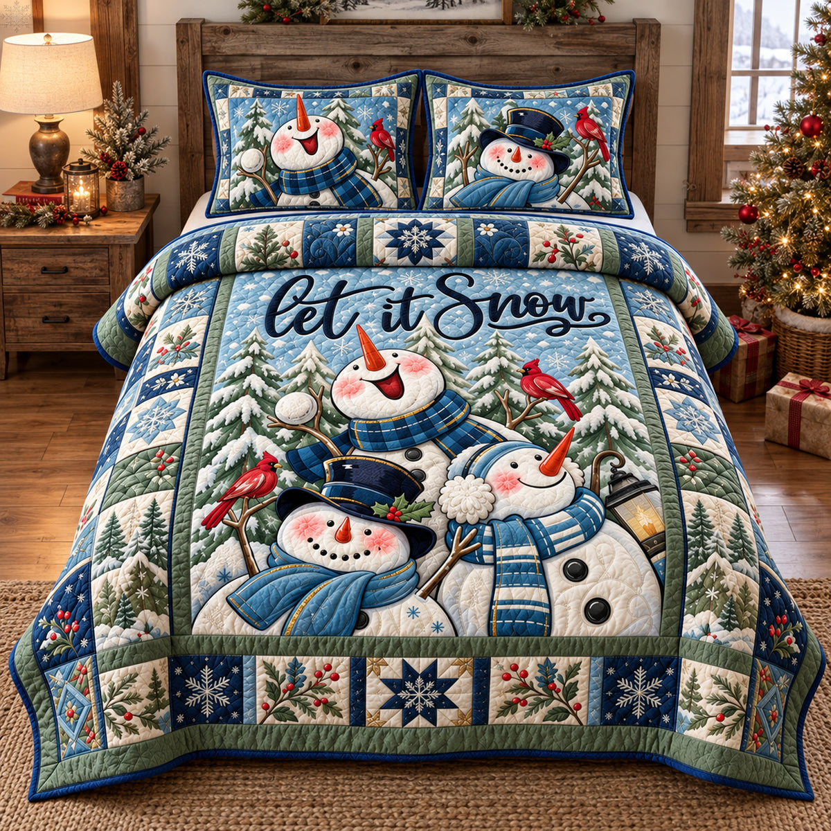 Let It Snow Snowman Family 3-Piece Quilted Bedding Set GFTOHNL4805