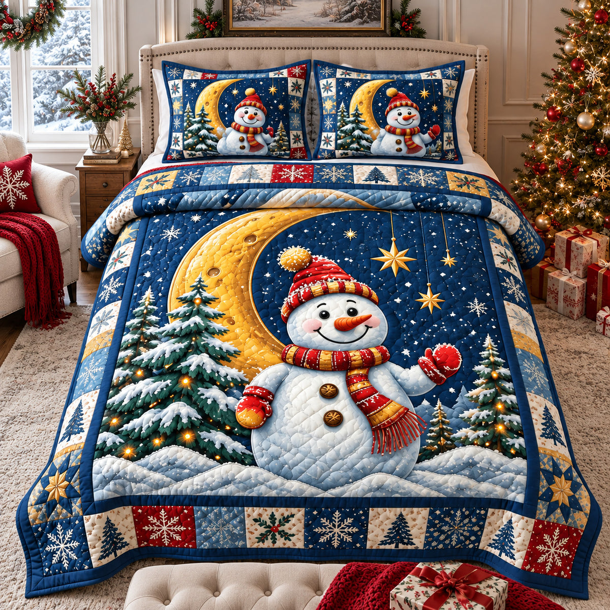 Snowman Winter Moonlight 3-Piece Quilted Bedding Set GFTOHNL4806