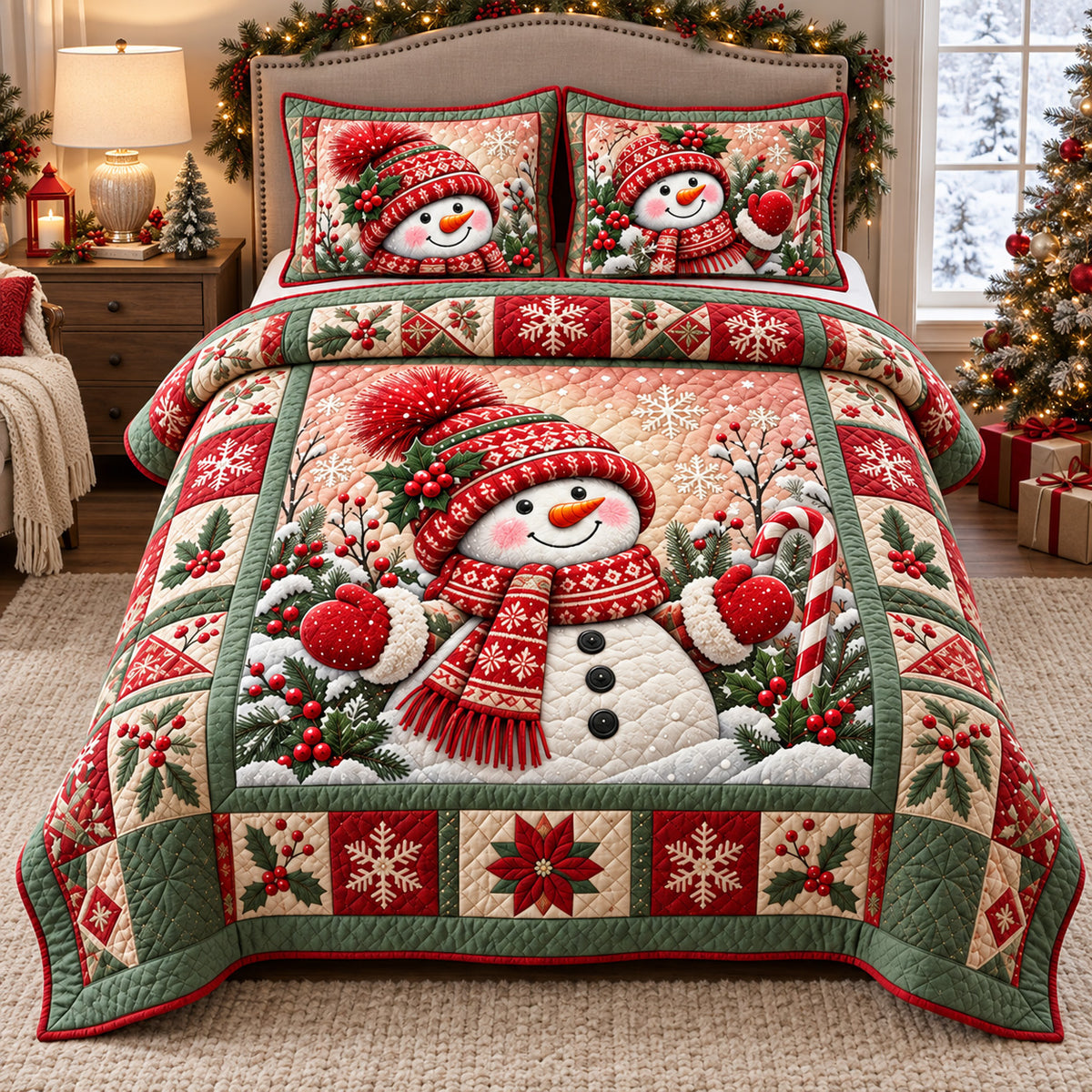 Christmas Snowman Joy 3-Piece Quilted Bedding Set GFTOHNL4807