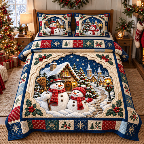 Snowman Christmas Village 3-Piece Quilted Bedding Set GFTOHNL4810