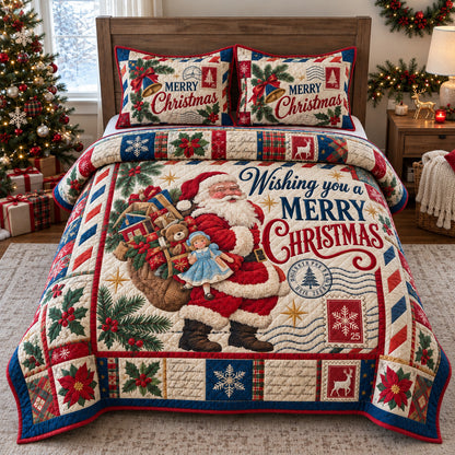 Santa Merry Christmas Wishes 3-Piece Quilted Bedding Set GFTOHNL4846
