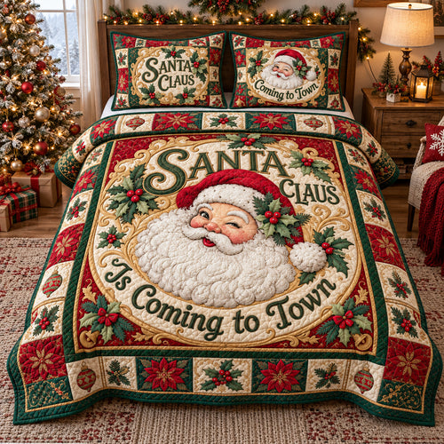 Santa Claus Is Coming To Town 3-Piece Quilted Bedding Set GFTOHNL4847