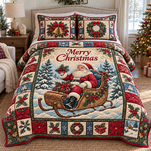 Santa Happy Christmas Sleigh 3-Piece Quilted Bedding Set GFTOHNL4848