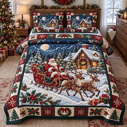 Santa Reindeer Christmas Eve 3-Piece Quilted Bedding Set GFTOHNL4849