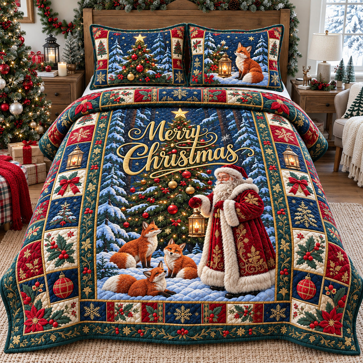 Santa Christmas Forest Friends 3-Piece Quilted Bedding Set GFTOHNL4850